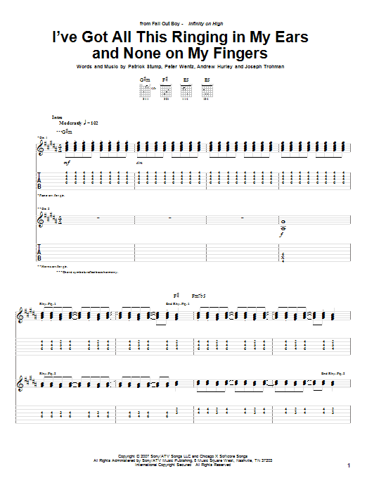Preview Fall Out Boy I've Got All This Ringing In My Ears And None On My Fingers Pop sheet music, notes and chords for Guitar Tab, SKU: 62310 sheet music, piano notes, chords, guitar tabs, score, transpose, transcribe, how to play, guide, download, learn, tutorial, progression, song, artist, awards, billboard, mtv, vh1, tour, single, album, release