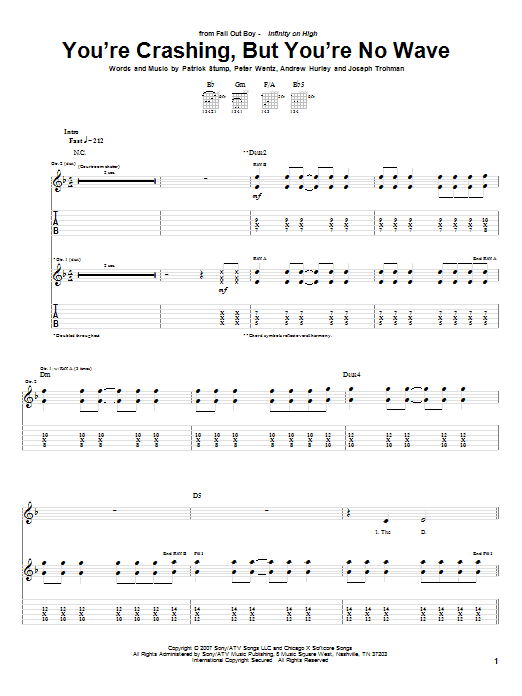 Preview Fall Out Boy You're Crashing, But You're No Wave Pop sheet music, notes and chords for Guitar Tab, SKU: 62311 sheet music, piano notes, chords, guitar tabs, score, transpose, transcribe, how to play, guide, download, learn, tutorial, progression, song, artist, awards, billboard, mtv, vh1, tour, single, album, release
