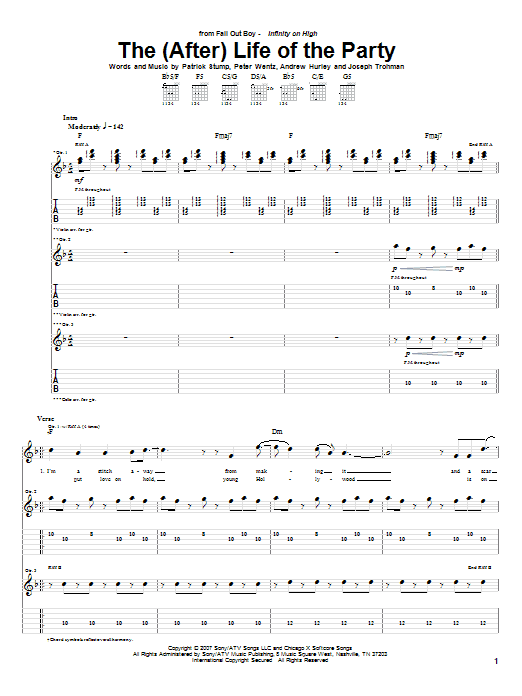 Preview Fall Out Boy The (After) Life Of The Party Pop sheet music, notes and chords for Guitar Tab, SKU: 62313 sheet music, piano notes, chords, guitar tabs, score, transpose, transcribe, how to play, guide, download, learn, tutorial, progression, song, artist, awards, billboard, mtv, vh1, tour, single, album, release
