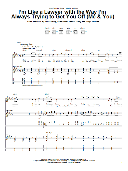 Preview Fall Out Boy I'm Like A Lawyer With The Way I'm Always Trying To Get You Off (Me & You) Pop sheet music, notes and chords for Guitar Tab, SKU: 62316 sheet music, piano notes, chords, guitar tabs, score, transpose, transcribe, how to play, guide, download, learn, tutorial, progression, song, artist, awards, billboard, mtv, vh1, tour, single, album, release