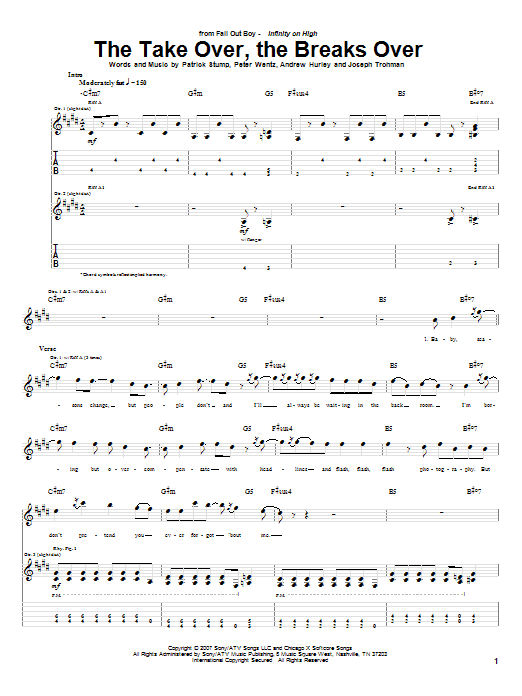 Preview Fall Out Boy The Take Over, The Breaks Over Pop sheet music, notes and chords for Guitar Tab, SKU: 62317 sheet music, piano notes, chords, guitar tabs, score, transpose, transcribe, how to play, guide, download, learn, tutorial, progression, song, artist, awards, billboard, mtv, vh1, tour, single, album, release