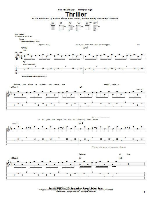 Preview Fall Out Boy Thriller Pop sheet music, notes and chords for Guitar Tab, SKU: 62318 sheet music, piano notes, chords, guitar tabs, score, transpose, transcribe, how to play, guide, download, learn, tutorial, progression, song, artist, awards, billboard, mtv, vh1, tour, single, album, release
