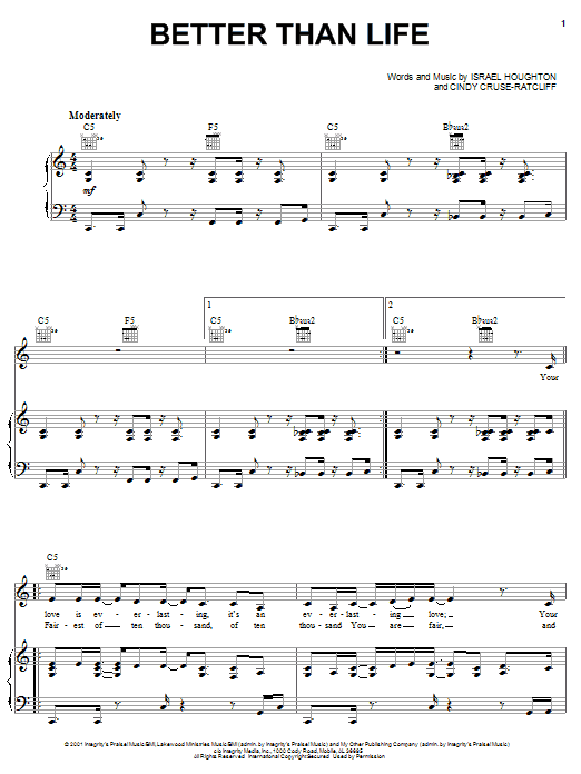 Preview Israel Houghton Better Than Life Pop sheet music, notes and chords for Piano, Vocal & Guitar (Right-Hand Melody), SKU: 62322 sheet music, piano notes, chords, guitar tabs, score, transpose, transcribe, how to play, guide, download, learn, tutorial, progression, song, artist, awards, billboard, mtv, vh1, tour, single, album, release