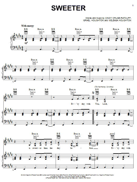 Preview Israel Houghton Sweeter Pop sheet music, notes and chords for Piano, Vocal & Guitar (Right-Hand Melody), SKU: 62324 sheet music, piano notes, chords, guitar tabs, score, transpose, transcribe, how to play, guide, download, learn, tutorial, progression, song, artist, awards, billboard, mtv, vh1, tour, single, album, release