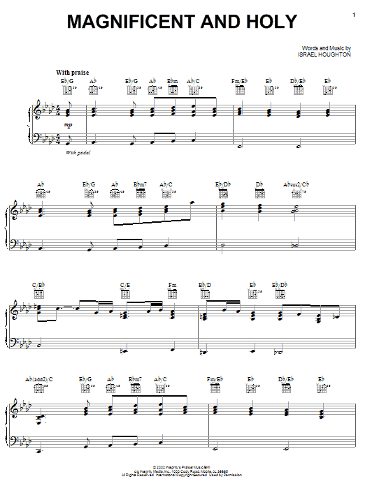 Preview Israel Houghton Magnificent And Holy Pop sheet music, notes and chords for Piano, Vocal & Guitar (Right-Hand Melody), SKU: 62340 sheet music, piano notes, chords, guitar tabs, score, transpose, transcribe, how to play, guide, download, learn, tutorial, progression, song, artist, awards, billboard, mtv, vh1, tour, single, album, release