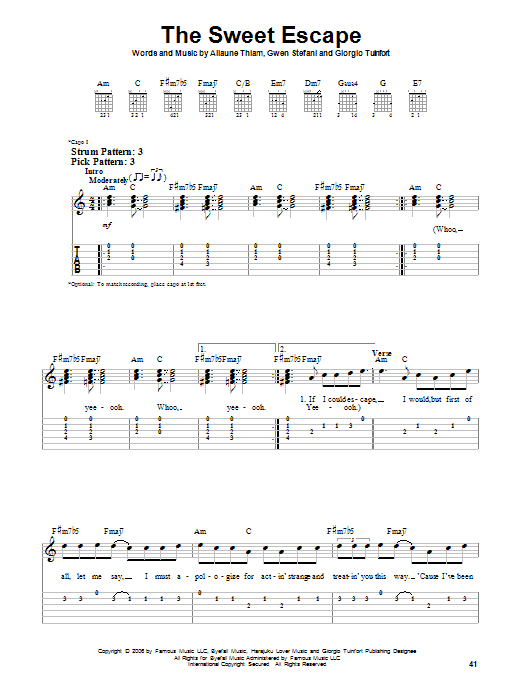 Preview Gwen Stefani The Sweet Escape (feat. Akon) Rock sheet music, notes and chords for Easy Guitar Tab, SKU: 62341 sheet music, piano notes, chords, guitar tabs, score, transpose, transcribe, how to play, guide, download, learn, tutorial, progression, song, artist, awards, billboard, mtv, vh1, tour, single, album, release