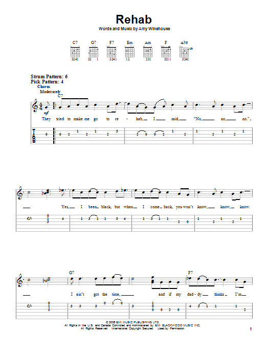 Preview Amy Winehouse Rehab Rock sheet music, notes and chords for Easy Guitar Tab, SKU: 62342 sheet music, piano notes, chords, guitar tabs, score, transpose, transcribe, how to play, guide, download, learn, tutorial, progression, song, artist, awards, billboard, mtv, vh1, tour, single, album, release