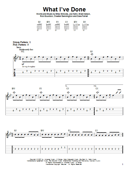 Preview Linkin Park What I've Done Pop sheet music, notes and chords for Easy Guitar Tab, SKU: 62343 sheet music, piano notes, chords, guitar tabs, score, transpose, transcribe, how to play, guide, download, learn, tutorial, progression, song, artist, awards, billboard, mtv, vh1, tour, single, album, release