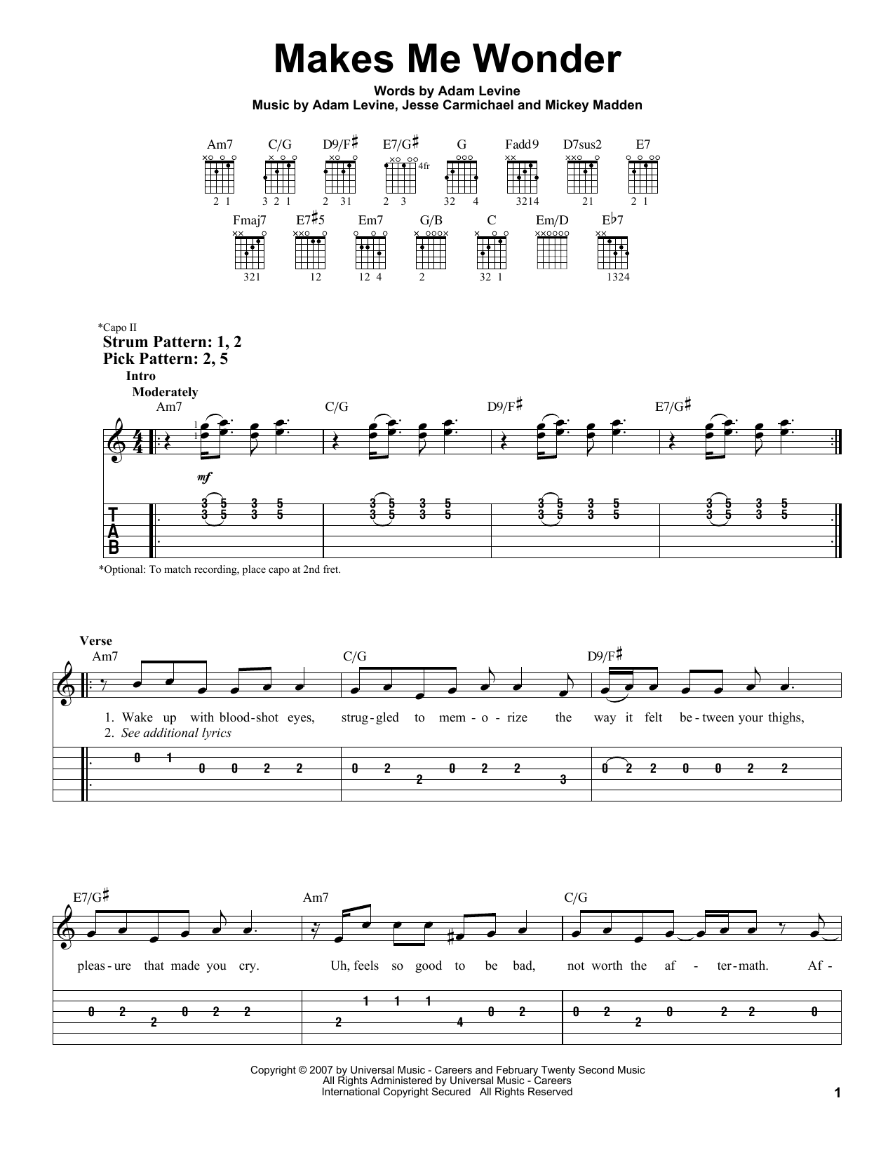 Preview Maroon 5 Makes Me Wonder Rock sheet music, notes and chords for Easy Guitar Tab, SKU: 62344 sheet music, piano notes, chords, guitar tabs, score, transpose, transcribe, how to play, guide, download, learn, tutorial, progression, song, artist, awards, billboard, mtv, vh1, tour, single, album, release