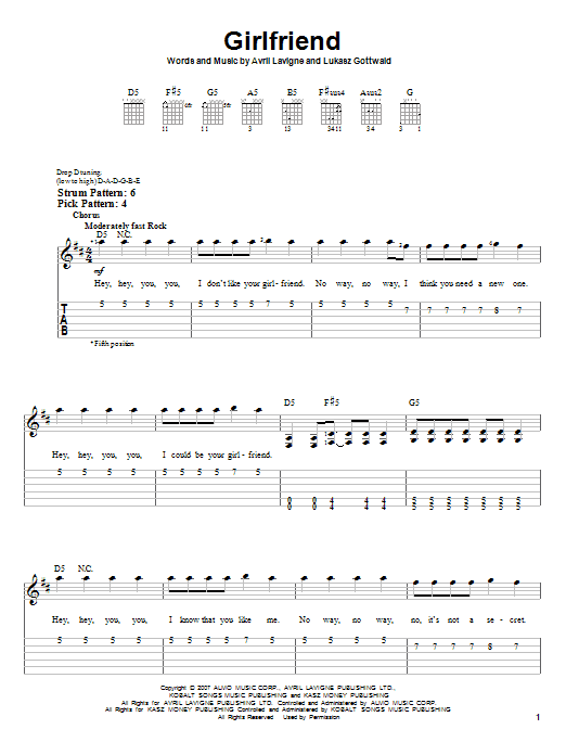 Preview Avril Lavigne Girlfriend Rock sheet music, notes and chords for Easy Guitar Tab, SKU: 62345 sheet music, piano notes, chords, guitar tabs, score, transpose, transcribe, how to play, guide, download, learn, tutorial, progression, song, artist, awards, billboard, mtv, vh1, tour, single, album, release
