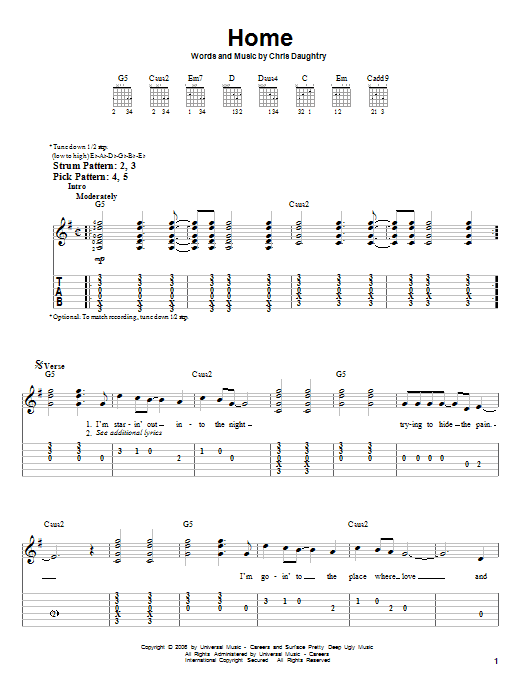 Preview Daughtry Home Rock sheet music, notes and chords for Easy Guitar Tab, SKU: 62346 sheet music, piano notes, chords, guitar tabs, score, transpose, transcribe, how to play, guide, download, learn, tutorial, progression, song, artist, awards, billboard, mtv, vh1, tour, single, album, release