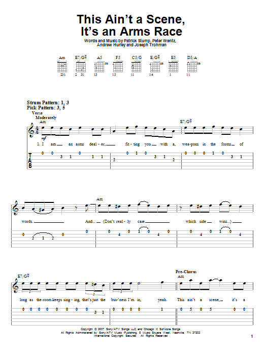 Preview Fall Out Boy This Ain't A Scene, It's An Arms Race Rock sheet music, notes and chords for Easy Guitar Tab, SKU: 62347 sheet music, piano notes, chords, guitar tabs, score, transpose, transcribe, how to play, guide, download, learn, tutorial, progression, song, artist, awards, billboard, mtv, vh1, tour, single, album, release