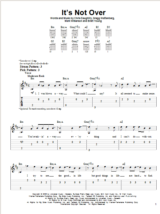 Preview Daughtry It's Not Over Rock sheet music, notes and chords for Easy Guitar Tab, SKU: 62348 sheet music, piano notes, chords, guitar tabs, score, transpose, transcribe, how to play, guide, download, learn, tutorial, progression, song, artist, awards, billboard, mtv, vh1, tour, single, album, release