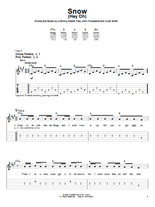 Preview Red Hot Chili Peppers Snow (Hey Oh) Rock sheet music, notes and chords for Easy Guitar Tab, SKU: 62349 sheet music, piano notes, chords, guitar tabs, score, transpose, transcribe, how to play, guide, download, learn, tutorial, progression, song, artist, awards, billboard, mtv, vh1, tour, single, album, release