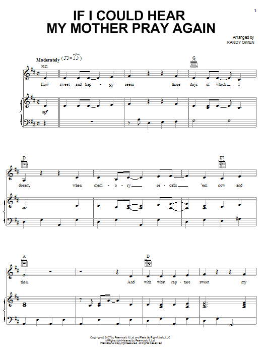Preview Alabama If I Could Hear My Mother Pray Again Country sheet music, notes and chords for Piano, Vocal & Guitar (Right-Hand Melody), SKU: 62351 sheet music, piano notes, chords, guitar tabs, score, transpose, transcribe, how to play, guide, download, learn, tutorial, progression, song, artist, awards, billboard, mtv, vh1, tour, single, album, release