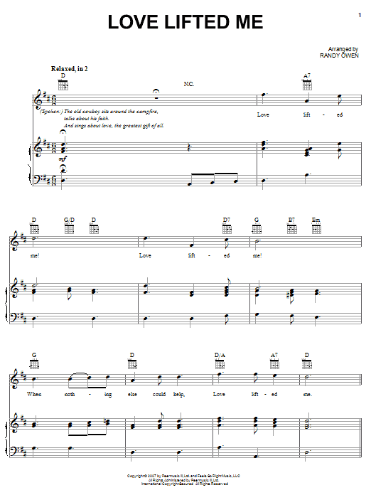 Preview Alabama Love Lifted Me Country sheet music, notes and chords for Piano, Vocal & Guitar (Right-Hand Melody), SKU: 62355 sheet music, piano notes, chords, guitar tabs, score, transpose, transcribe, how to play, guide, download, learn, tutorial, progression, song, artist, awards, billboard, mtv, vh1, tour, single, album, release