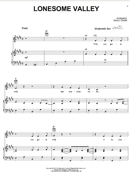 Preview Alabama Lonesome Valley Country sheet music, notes and chords for Piano, Vocal & Guitar (Right-Hand Melody), SKU: 62356 sheet music, piano notes, chords, guitar tabs, score, transpose, transcribe, how to play, guide, download, learn, tutorial, progression, song, artist, awards, billboard, mtv, vh1, tour, single, album, release