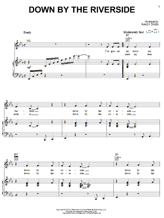 Preview Alabama Down By The Riverside Country sheet music, notes and chords for Piano, Vocal & Guitar (Right-Hand Melody), SKU: 62357 sheet music, piano notes, chords, guitar tabs, score, transpose, transcribe, how to play, guide, download, learn, tutorial, progression, song, artist, awards, billboard, mtv, vh1, tour, single, album, release
