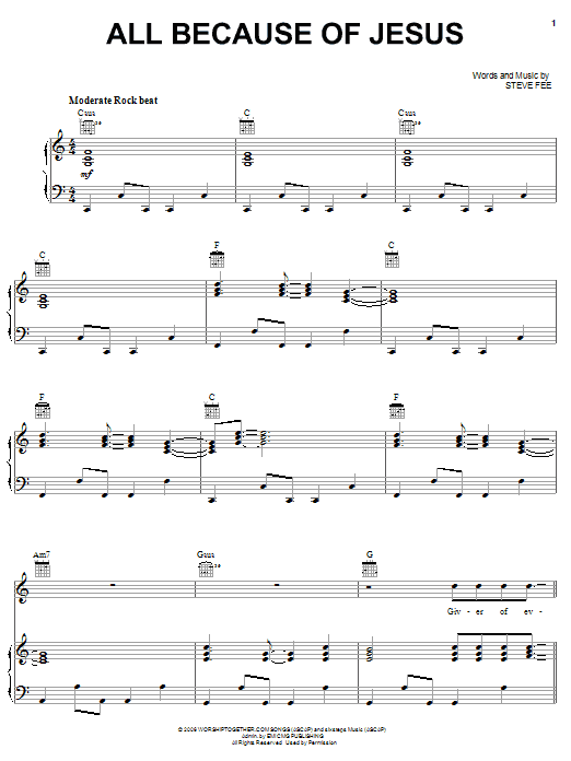 Preview Casting Crowns All Because Of Jesus Pop sheet music, notes and chords for Piano, Vocal & Guitar (Right-Hand Melody), SKU: 62359 sheet music, piano notes, chords, guitar tabs, score, transpose, transcribe, how to play, guide, download, learn, tutorial, progression, song, artist, awards, billboard, mtv, vh1, tour, single, album, release