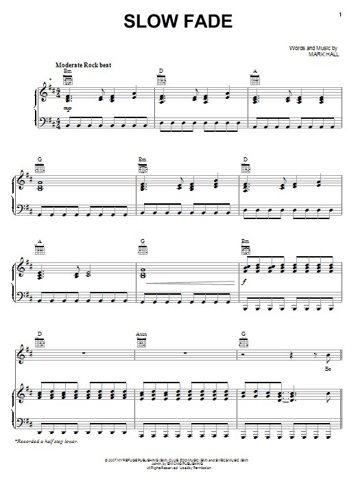 Preview Casting Crowns Slow Fade Pop sheet music, notes and chords for Piano, Vocal & Guitar (Right-Hand Melody), SKU: 62366 sheet music, piano notes, chords, guitar tabs, score, transpose, transcribe, how to play, guide, download, learn, tutorial, progression, song, artist, awards, billboard, mtv, vh1, tour, single, album, release