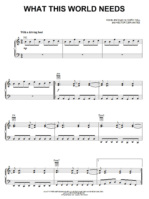 Preview Casting Crowns What This World Needs Pop sheet music, notes and chords for Piano, Vocal & Guitar (Right-Hand Melody), SKU: 62367 sheet music, piano notes, chords, guitar tabs, score, transpose, transcribe, how to play, guide, download, learn, tutorial, progression, song, artist, awards, billboard, mtv, vh1, tour, single, album, release