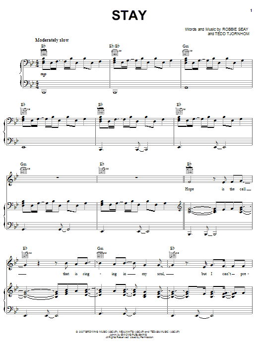 Preview Robbie Seay Band Stay Pop sheet music, notes and chords for Piano, Vocal & Guitar (Right-Hand Melody), SKU: 62368 sheet music, piano notes, chords, guitar tabs, score, transpose, transcribe, how to play, guide, download, learn, tutorial, progression, song, artist, awards, billboard, mtv, vh1, tour, single, album, release