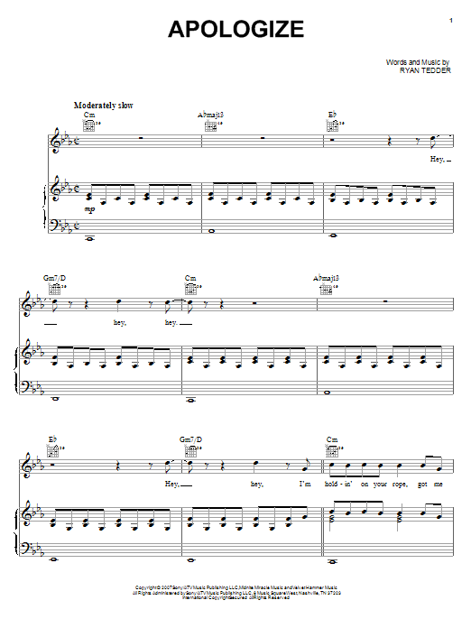 Preview Timbaland Apologize (feat. OneRepublic) Pop sheet music, notes and chords for Piano, Vocal & Guitar (Right-Hand Melody), SKU: 62369 sheet music, piano notes, chords, guitar tabs, score, transpose, transcribe, how to play, guide, download, learn, tutorial, progression, song, artist, awards, billboard, mtv, vh1, tour, single, album, release