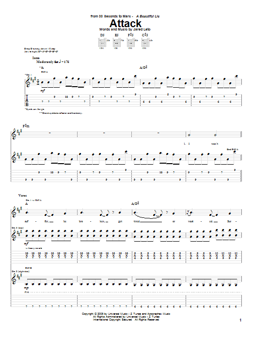 Preview 30 Seconds To Mars Attack Rock sheet music, notes and chords for Guitar Tab, SKU: 62818 sheet music, piano notes, chords, guitar tabs, score, transpose, transcribe, how to play, guide, download, learn, tutorial, progression, song, artist, awards, billboard, mtv, vh1, tour, single, album, release