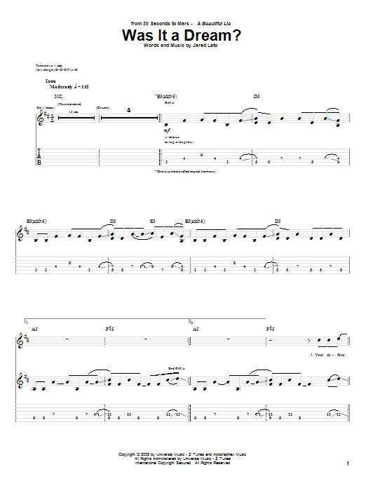 Preview 30 Seconds To Mars Was It A Dream? Rock sheet music, notes and chords for Guitar Tab, SKU: 62819 sheet music, piano notes, chords, guitar tabs, score, transpose, transcribe, how to play, guide, download, learn, tutorial, progression, song, artist, awards, billboard, mtv, vh1, tour, single, album, release
