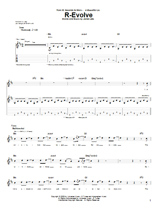 Preview 30 Seconds To Mars R-Evolve Rock sheet music, notes and chords for Guitar Tab, SKU: 62822 sheet music, piano notes, chords, guitar tabs, score, transpose, transcribe, how to play, guide, download, learn, tutorial, progression, song, artist, awards, billboard, mtv, vh1, tour, single, album, release