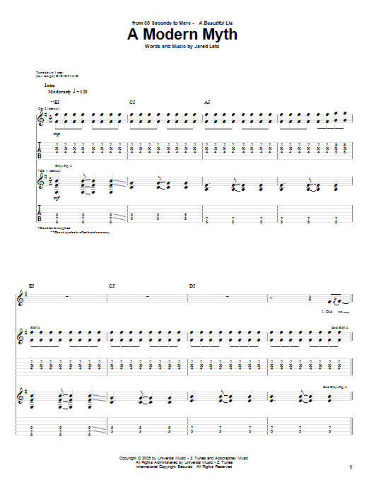 Preview 30 Seconds To Mars A Modern Myth Rock sheet music, notes and chords for Guitar Tab, SKU: 62823 sheet music, piano notes, chords, guitar tabs, score, transpose, transcribe, how to play, guide, download, learn, tutorial, progression, song, artist, awards, billboard, mtv, vh1, tour, single, album, release