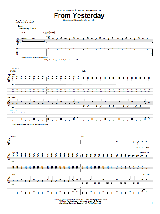 Preview 30 Seconds To Mars From Yesterday Rock sheet music, notes and chords for Guitar Tab, SKU: 62824 sheet music, piano notes, chords, guitar tabs, score, transpose, transcribe, how to play, guide, download, learn, tutorial, progression, song, artist, awards, billboard, mtv, vh1, tour, single, album, release