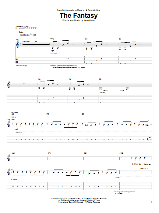 Preview 30 Seconds To Mars The Fantasy Rock sheet music, notes and chords for Guitar Tab, SKU: 62825 sheet music, piano notes, chords, guitar tabs, score, transpose, transcribe, how to play, guide, download, learn, tutorial, progression, song, artist, awards, billboard, mtv, vh1, tour, single, album, release
