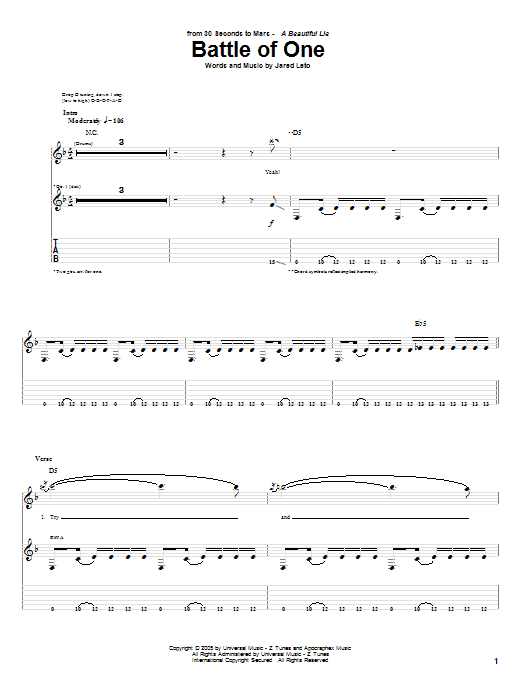 Preview 30 Seconds To Mars Battle Of One Rock sheet music, notes and chords for Guitar Tab, SKU: 62827 sheet music, piano notes, chords, guitar tabs, score, transpose, transcribe, how to play, guide, download, learn, tutorial, progression, song, artist, awards, billboard, mtv, vh1, tour, single, album, release