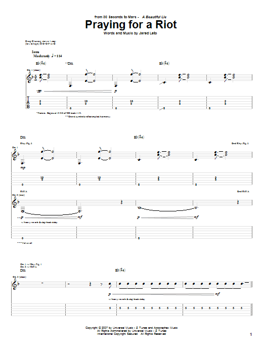 Preview 30 Seconds To Mars Praying For A Riot Rock sheet music, notes and chords for Guitar Tab, SKU: 62828 sheet music, piano notes, chords, guitar tabs, score, transpose, transcribe, how to play, guide, download, learn, tutorial, progression, song, artist, awards, billboard, mtv, vh1, tour, single, album, release
