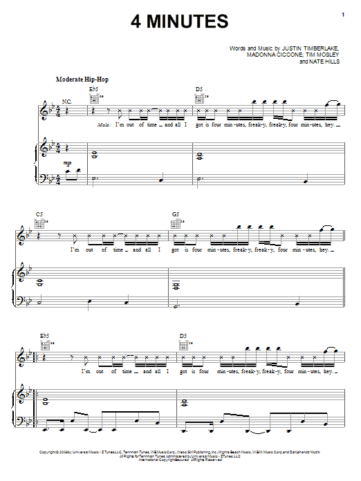Preview Madonna 4 Minutes (feat. Justin Timberlake) Pop sheet music, notes and chords for Piano, Vocal & Guitar (Right-Hand Melody), SKU: 64590 sheet music, piano notes, chords, guitar tabs, score, transpose, transcribe, how to play, guide, download, learn, tutorial, progression, song, artist, awards, billboard, mtv, vh1, tour, single, album, release