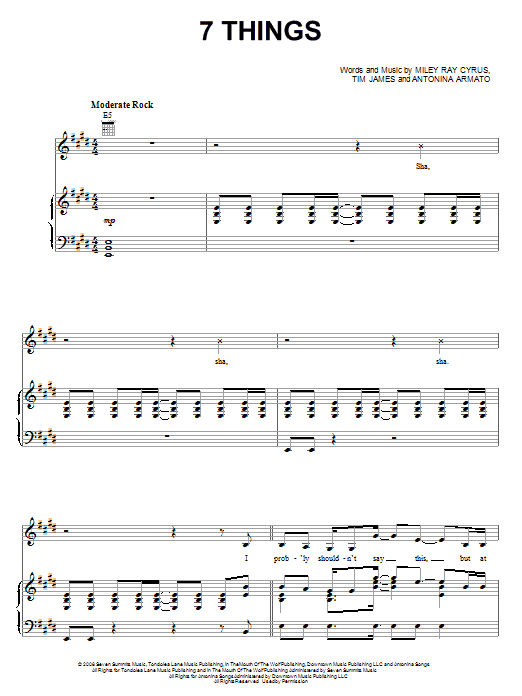 Preview Miley Cyrus 7 Things Pop sheet music, notes and chords for Piano, Vocal & Guitar (Right-Hand Melody), SKU: 65429 sheet music, piano notes, chords, guitar tabs, score, transpose, transcribe, how to play, guide, download, learn, tutorial, progression, song, artist, awards, billboard, mtv, vh1, tour, single, album, release