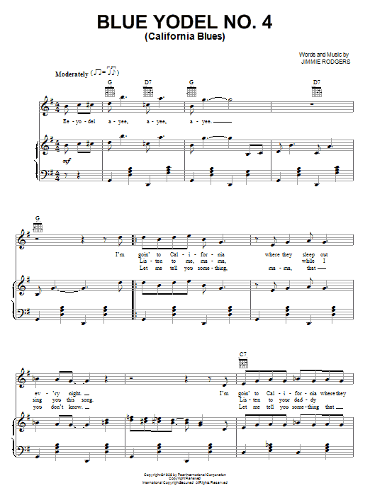 Preview Jimmie Rodgers Blue Yodel No. 4 (California Blues) Country sheet music, notes and chords for Piano, Vocal & Guitar (Right-Hand Melody), SKU: 66919 sheet music, piano notes, chords, guitar tabs, score, transpose, transcribe, how to play, guide, download, learn, tutorial, progression, song, artist, awards, billboard, mtv, vh1, tour, single, album, release