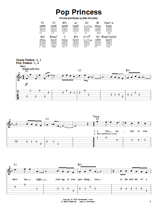 Preview The Click Five Pop Princess Pop sheet music, notes and chords for Easy Guitar Tab, SKU: 67059 sheet music, piano notes, chords, guitar tabs, score, transpose, transcribe, how to play, guide, download, learn, tutorial, progression, song, artist, awards, billboard, mtv, vh1, tour, single, album, release