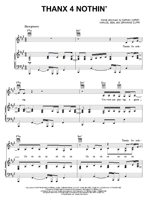 Preview Mariah Carey Thanx 4 Nothin' Pop sheet music, notes and chords for Piano, Vocal & Guitar (Right-Hand Melody), SKU: 67490 sheet music, piano notes, chords, guitar tabs, score, transpose, transcribe, how to play, guide, download, learn, tutorial, progression, song, artist, awards, billboard, mtv, vh1, tour, single, album, release