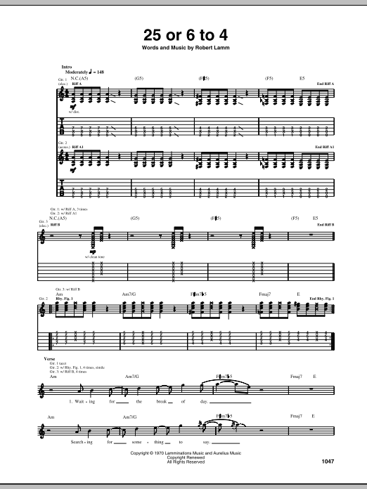 Preview Chicago 25 Or 6 To 4 Rock sheet music, notes and chords for Guitar Tab, SKU: 68197 sheet music, piano notes, chords, guitar tabs, score, transpose, transcribe, how to play, guide, download, learn, tutorial, progression, song, artist, awards, billboard, mtv, vh1, tour, single, album, release