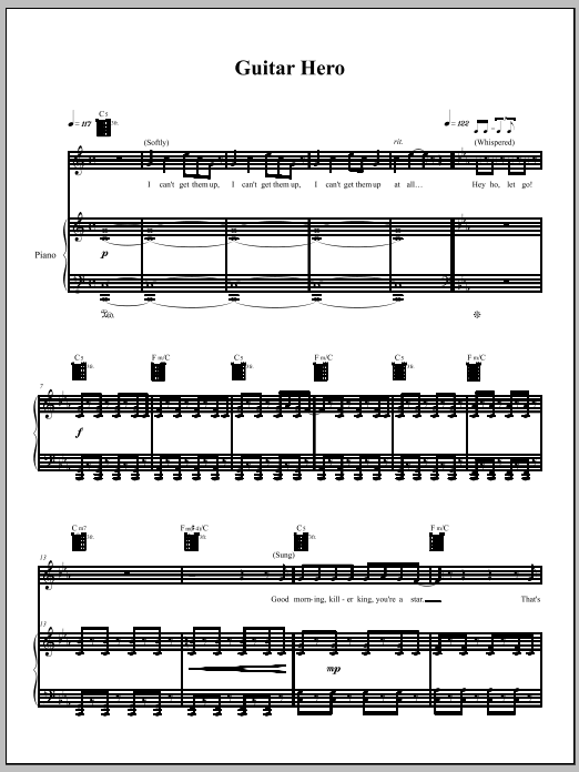 Preview Amanda Palmer Guitar Hero Punk sheet music, notes and chords for Piano, Vocal & Guitar (Right-Hand Melody), SKU: 69013 sheet music, piano notes, chords, guitar tabs, score, transpose, transcribe, how to play, guide, download, learn, tutorial, progression, song, artist, awards, billboard, mtv, vh1, tour, single, album, release