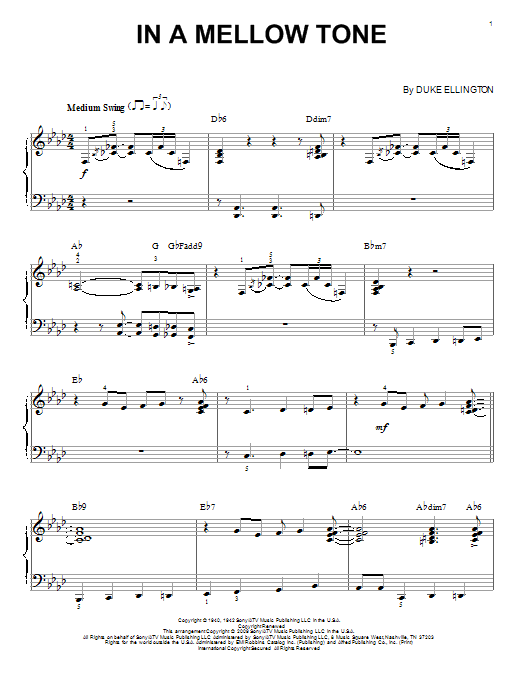 Preview Duke Ellington In A Mellow Tone Jazz sheet music, notes and chords for Piano, SKU: 69162 sheet music, piano notes, chords, guitar tabs, score, transpose, transcribe, how to play, guide, download, learn, tutorial, progression, song, artist, awards, billboard, mtv, vh1, tour, single, album, release