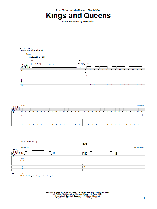 Preview 30 Seconds To Mars Kings And Queens Rock sheet music, notes and chords for Guitar Tab, SKU: 72659 sheet music, piano notes, chords, guitar tabs, score, transpose, transcribe, how to play, guide, download, learn, tutorial, progression, song, artist, awards, billboard, mtv, vh1, tour, single, album, release