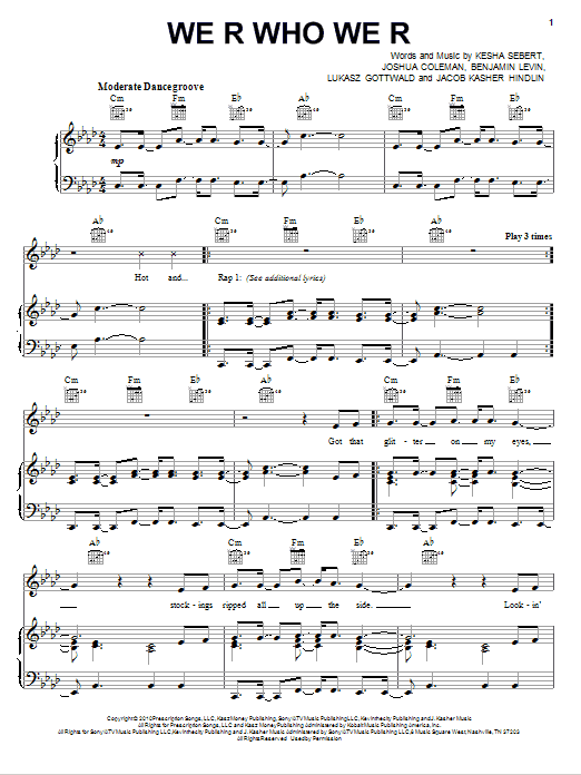 Preview Kesha We R Who We R Pop sheet music, notes and chords for Piano, Vocal & Guitar (Right-Hand Melody), SKU: 77951 sheet music, piano notes, chords, guitar tabs, score, transpose, transcribe, how to play, guide, download, learn, tutorial, progression, song, artist, awards, billboard, mtv, vh1, tour, single, album, release