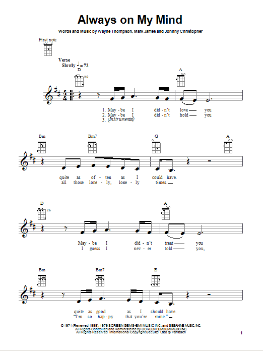 Preview Elvis Presley Always On My Mind Pop sheet music, notes and chords for Ukulele, SKU: 80944 sheet music, piano notes, chords, guitar tabs, score, transpose, transcribe, how to play, guide, download, learn, tutorial, progression, song, artist, awards, billboard, mtv, vh1, tour, single, album, release