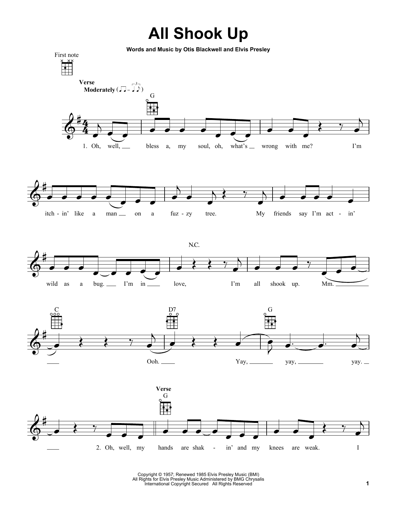 Preview Elvis Presley All Shook Up Rock sheet music, notes and chords for Ukulele, SKU: 80946 sheet music, piano notes, chords, guitar tabs, score, transpose, transcribe, how to play, guide, download, learn, tutorial, progression, song, artist, awards, billboard, mtv, vh1, tour, single, album, release