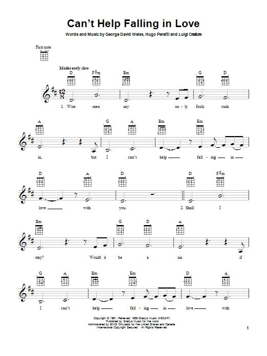 Preview Elvis Presley Can't Help Falling In Love Rock sheet music, notes and chords for Ukulele, SKU: 80948 sheet music, piano notes, chords, guitar tabs, score, transpose, transcribe, how to play, guide, download, learn, tutorial, progression, song, artist, awards, billboard, mtv, vh1, tour, single, album, release