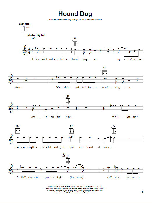 Preview Elvis Presley Hound Dog Rock sheet music, notes and chords for Ukulele, SKU: 80952 sheet music, piano notes, chords, guitar tabs, score, transpose, transcribe, how to play, guide, download, learn, tutorial, progression, song, artist, awards, billboard, mtv, vh1, tour, single, album, release