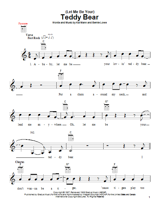 Preview Elvis Presley (Let Me Be Your) Teddy Bear Rock sheet music, notes and chords for Ukulele, SKU: 80953 sheet music, piano notes, chords, guitar tabs, score, transpose, transcribe, how to play, guide, download, learn, tutorial, progression, song, artist, awards, billboard, mtv, vh1, tour, single, album, release